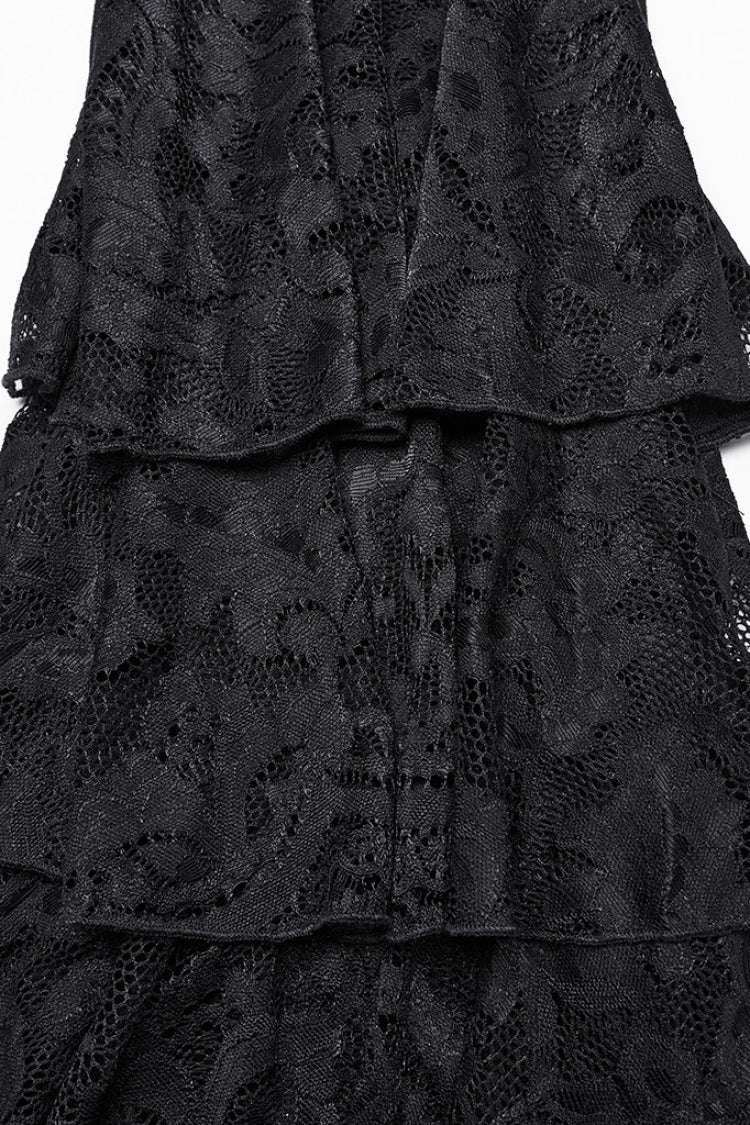 Black Triple-Layered Ruffle Lace-Up Mesh Women's Gothic Pants - Product - 8