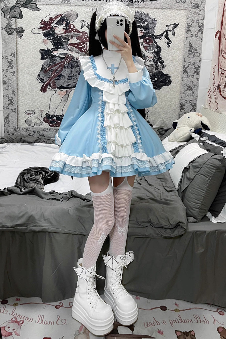 White/Blue Long Sleeves Multi-layer Cross Print Nun Style Ruffle Sweet Lolita Dress - Product - 3