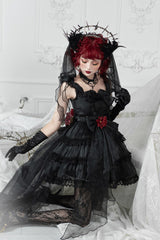 Black Multi-Layered Ruffled Hanayome Bow Pearl-Decorated Gothic Lolita Jsk Dress Full Set 2 Versions - Product - 7
