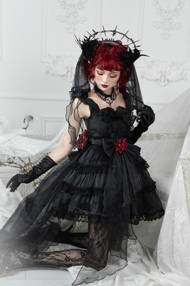 Black Multi-Layered Ruffled Hanayome Bow Pearl-Decorated Gothic Lolita Jsk Dress Full Set 2 Versions - Product - 7
