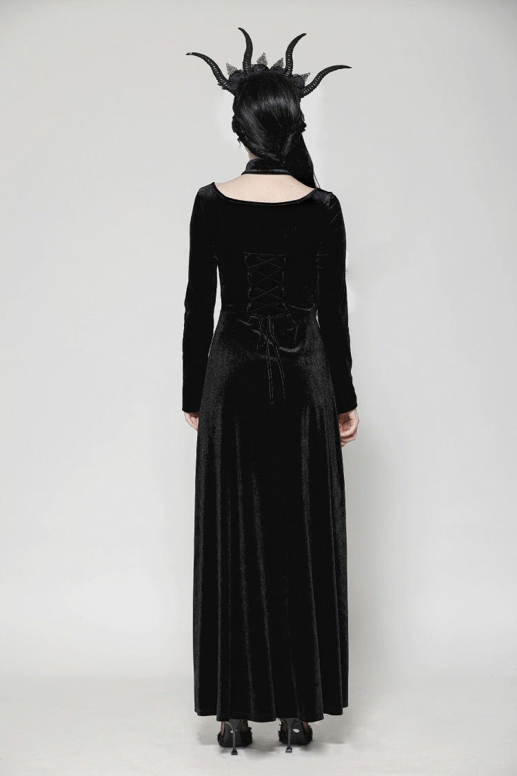 Black Long Sleeves Cut-Out Lace-Up Women's Gothic Side Slit Velvet Party Dress Wedding Dress - Product - 4