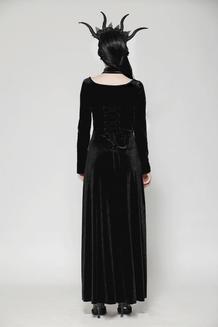 Black Long Sleeves Cut-Out Lace-Up Women's Gothic Side Slit Velvet Party Dress Wedding Dress - Product - 4
