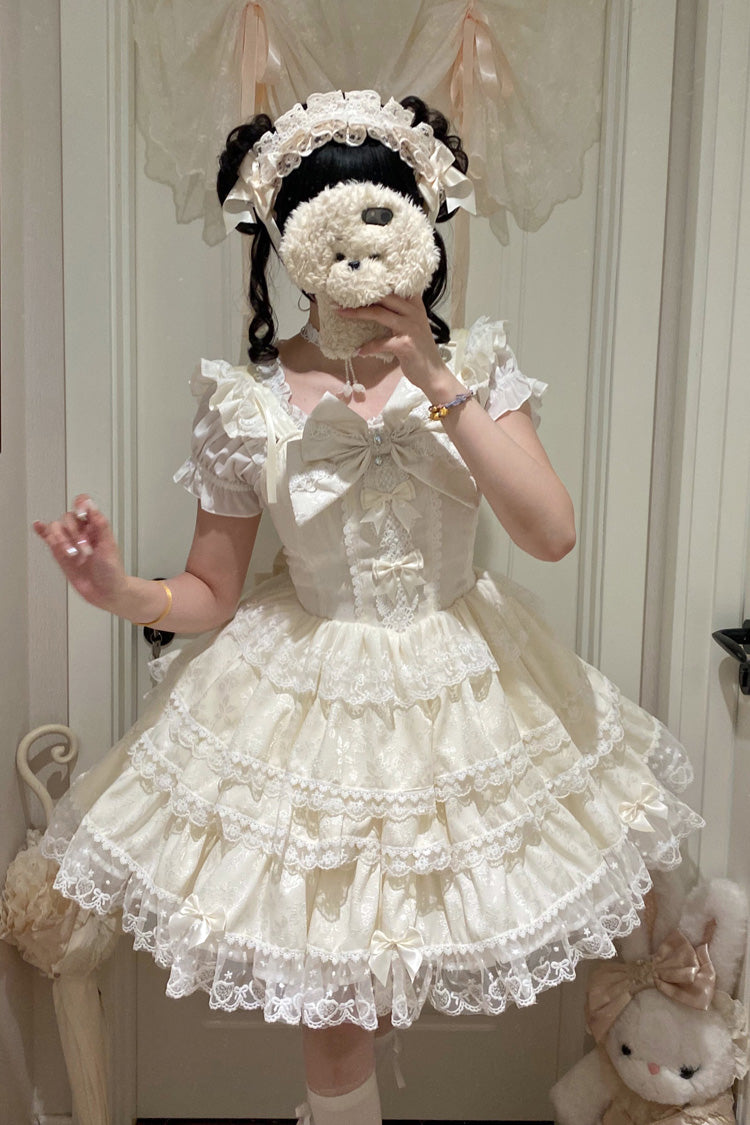 Beige [Sweet Mist Cherry Romance] Sleeveless Multi-Layered Hanayome Bow Lace Lolita Jsk Dress - Product - 5
