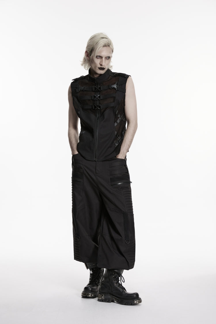 Black Stand Collar Sleeveless Cut-Out Spliced Mesh Buckled Eyelet Men's Punk Handsome Vest - Product - 7