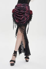 Black/Red Embroidered Rose Lace-up Irregular Women's Gothic Hem Skirt - Product - 4