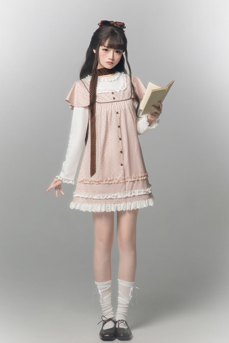 Pink [Polka Dot Bouclé] Round Collar Long Sleeves Printed Ruffled Faux Two-Piece Sweet Japanese Lolita Dress - Product - 4