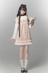Pink [Polka Dot Bouclé] Round Collar Long Sleeves Printed Ruffled Faux Two-Piece Sweet Japanese Lolita Dress - Product - 4