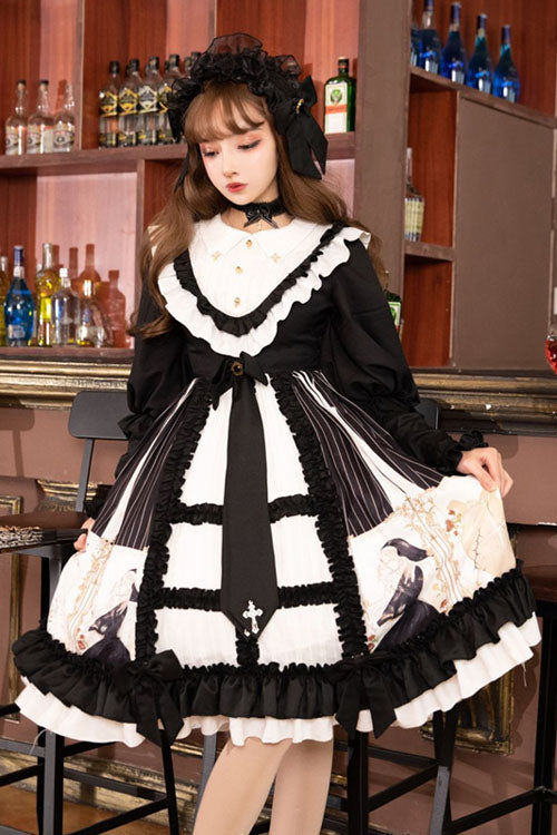 Black/White Dark Gold Hymn Bowknot Square Collar Long Sleeves Cardigan Ruffled Gothic Lolita OP Dress - Product - 2