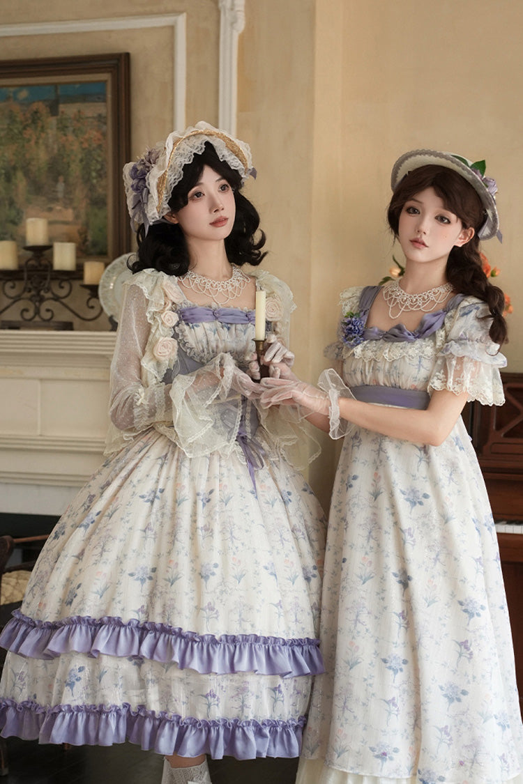 Purple/Ivory [Iris Secrets] Double-Layered Print Ruffle Bowknot Lace-Up Fake Two Pieces Sweet Lolita Jsk Dress - Product - 14