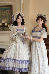 Purple/Ivory [Iris Secrets] Double-Layered Print Ruffle Bowknot Lace-Up Fake Two Pieces Sweet Lolita Jsk Dress - Product - 14