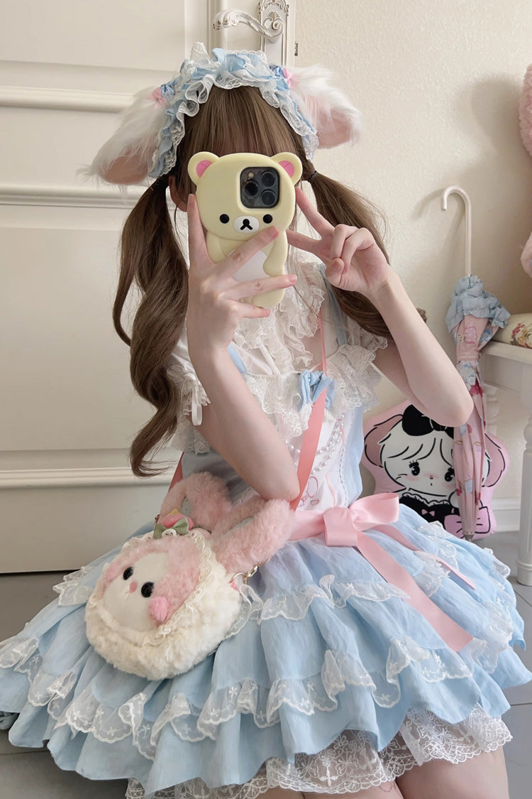 Blau ärmellos doppellagig Rüschen Kaninchen Stickerei Schleife Spitze süß (Kleid einzeln) Detailansicht 5
