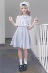 Lace Shawl Sleeveless Bowknot Chiffon Slim Jirai Kei Dress 2 Colors - Product - 8