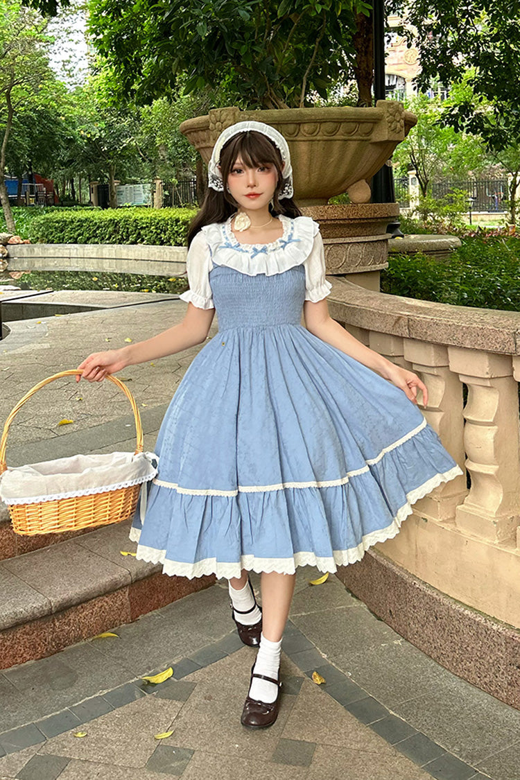Blue Print Ruffle Stitching Lace Sweet Lolita Strap Dress Set - Product - 7
