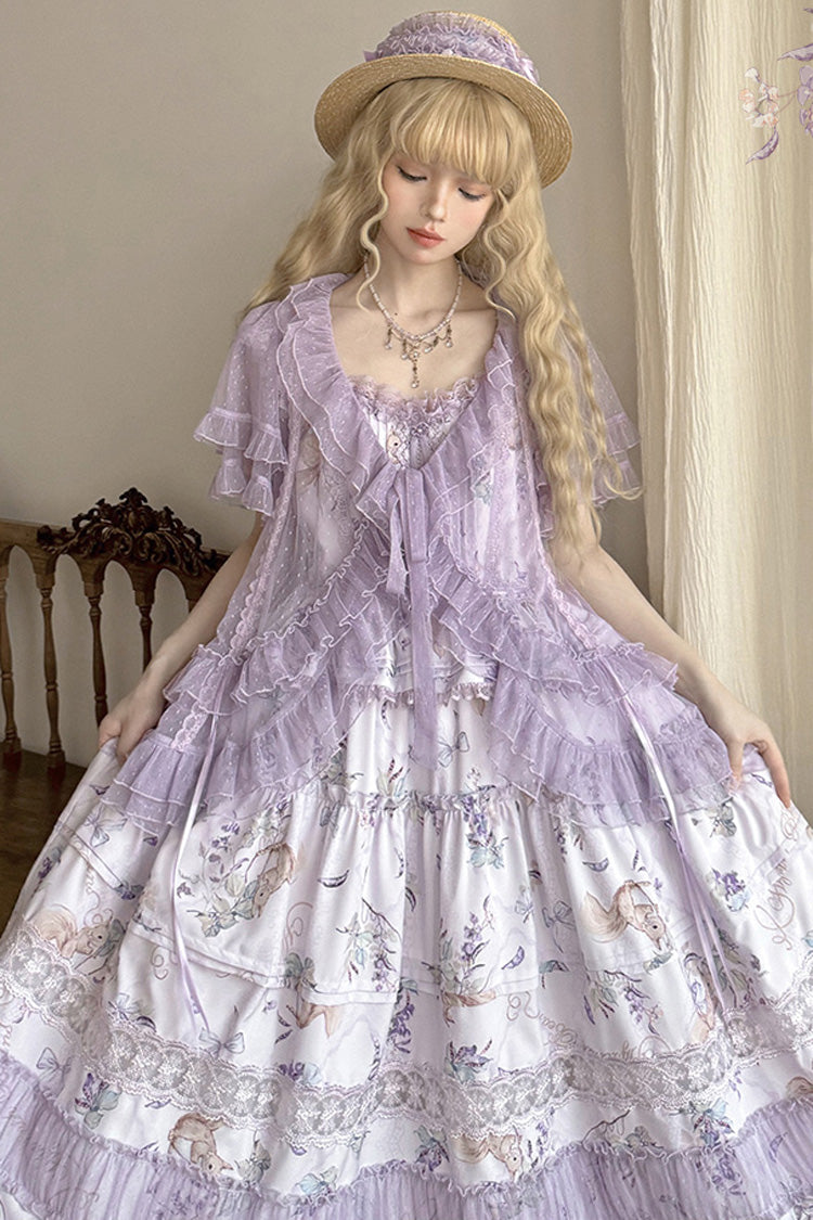 Purple [Pea Squirrel] Sleeveless Multi-Layered Pastoral Print Ruffle Embroidery Lace Sweet Elegant Lolita Jsk Dress - Product - 7