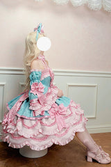 Pink/Green [Sweetheart Petals] Halterneck Sleeveless Multi-Layered Jacquard Ruffled Bow Pearl Detail Sweet Lolita Jsk Dress - Product - 11