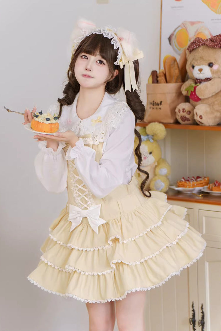 Yellow Nostalgic Showa Custard Cream Puff Sleeveless Triple-Layered Ruffled Bow Lace-Up Tiered Cake Sweet Jsk Dress - Yellow(Dress) - 1