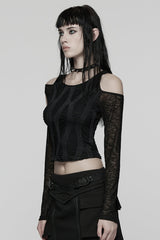 Black Off Shoulder Long Sleeves Spliced Mesh Pleated Women's Punk Top - Product - 2