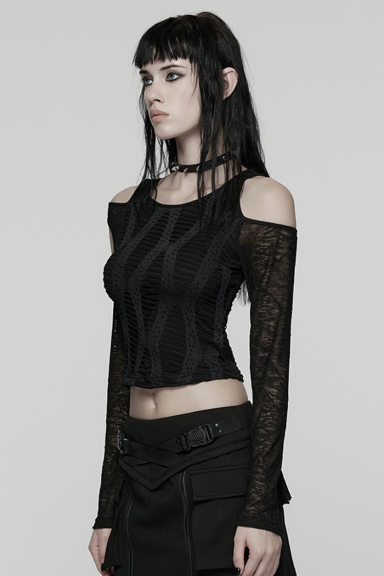 Black Off Shoulder Long Sleeves Spliced Mesh Pleated Women's Punk Top - Product - 2