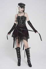 Black/Red Double-Layered Lace Lace-Up Irregular Mesh Eyelet Women's Punk Skirt - Product - 10