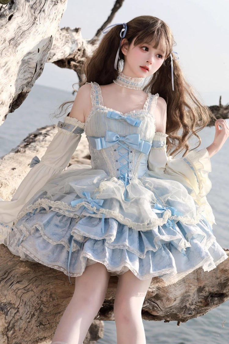 Blue/Apricot Sleeveless Multi-layer Ruffle Bowknot Lace-Up Sweet Princess Lolita Jsk Dress - Product - 4