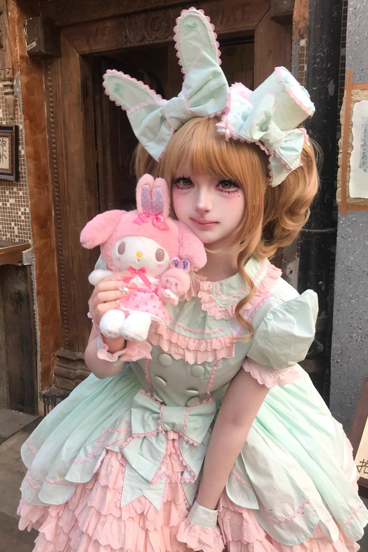Pink/Green [Honeydew Melon Parfait] Short Sleeves Multi-Layered Ruffle Bowknot Sweet Lolita Dress - Product - 2
