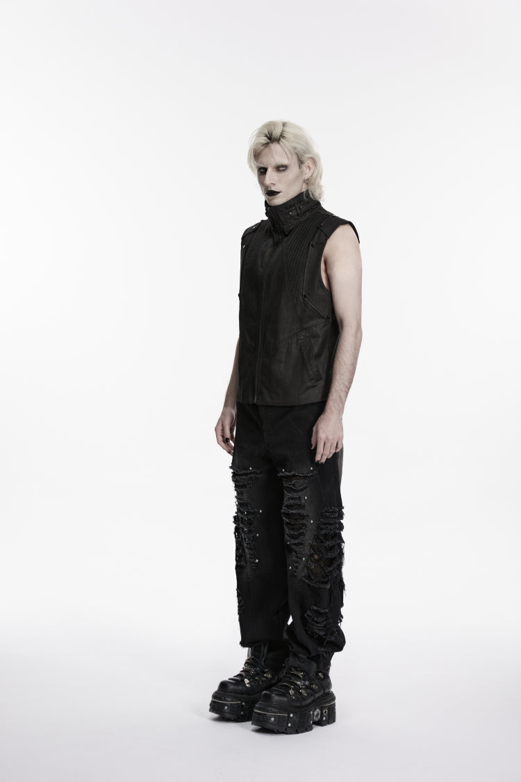 Black Stand Collar Sleeveless Studded Zippered Pleated Men's Punk Cool Vest - Product - 2