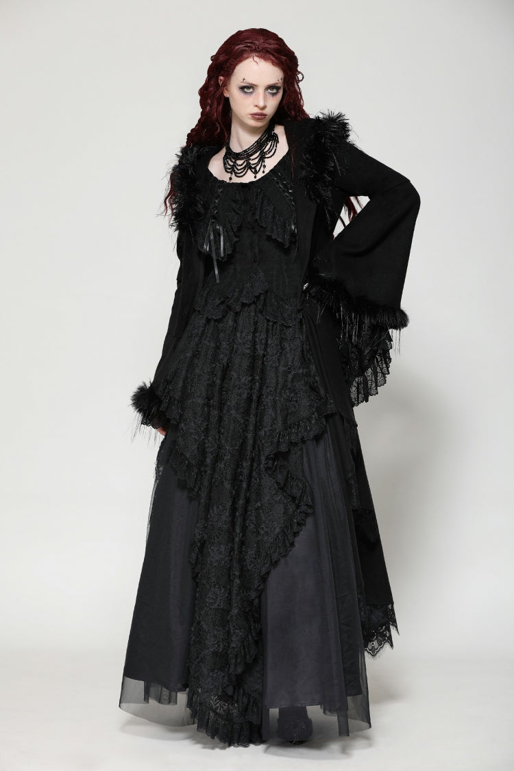 Black Long Bell Sleeves Lace Button Women's Gothic Romantic Coat with Hood - Product - 8