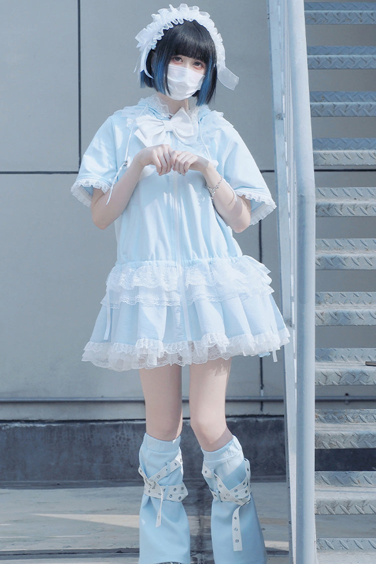 Blue Rabbit Ears Hooded Bowknot Lace Sweet Lolita Coat Set - Product - 6