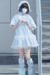 Blue Rabbit Ears Hooded Bowknot Lace Sweet Lolita Coat Set - Product - 6