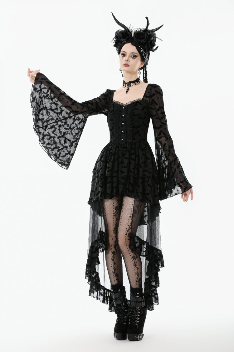Black Square Collar Long Trumpet Sleeves Bat Printed Lace Irregular Hem Women's Gothic Dress - Product - 2