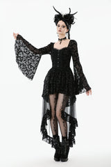 Black Square Collar Long Trumpet Sleeves Bat Printed Lace Irregular Hem Women's Gothic Dress - Product - 2