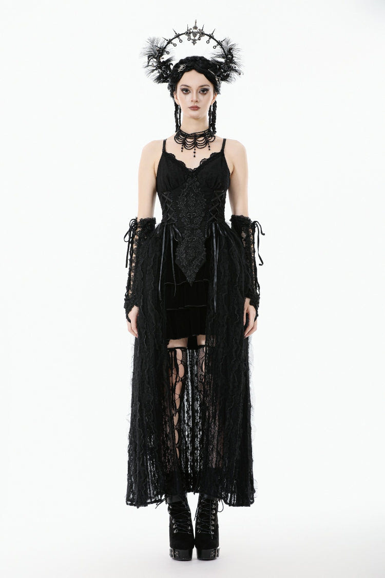 Black Sleeveless Floral Embroidered Lace Lace-Up Women's Gothic Slip Dress Wedding Dress - Product - 5