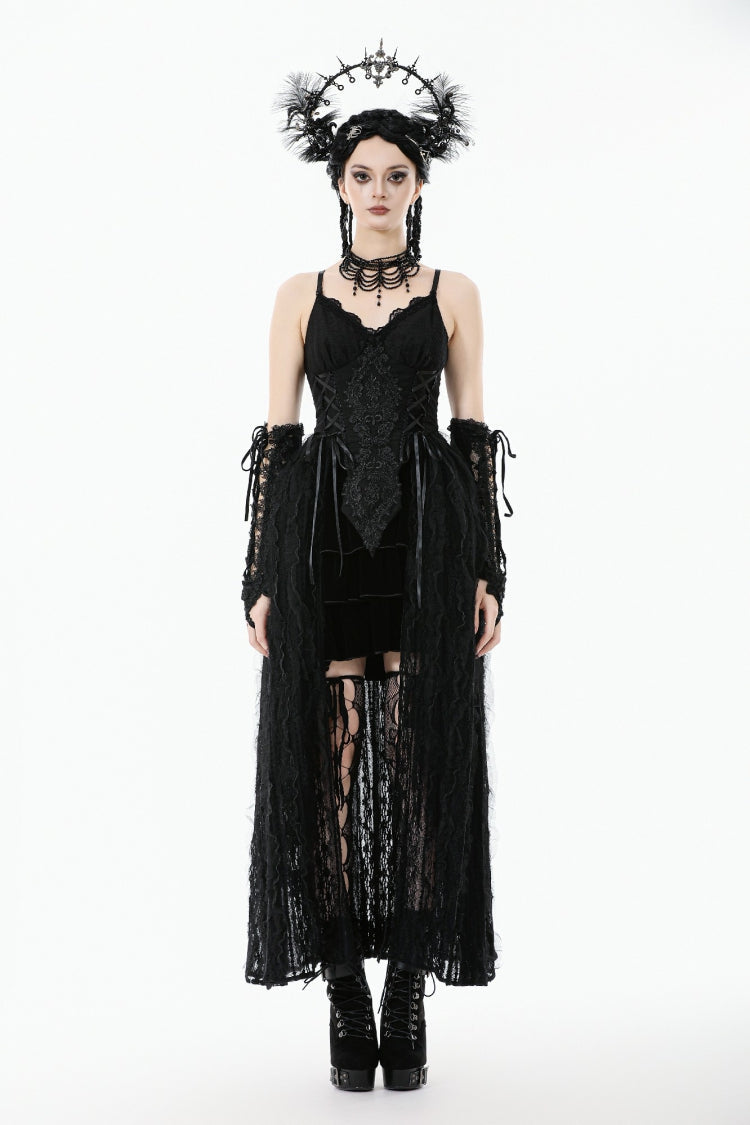 Black Sleeveless Floral Embroidered Lace Lace-Up Women's Gothic Slip Dress Wedding Dress - Product - 5