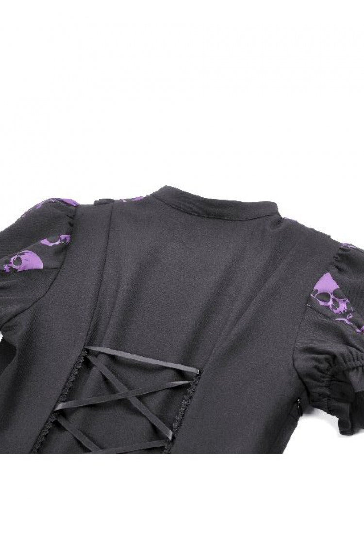 Black/Purple Short Puff Sleeves Skull Printed Lace-Up Women's Lolita Gothic Dress - Product - 17