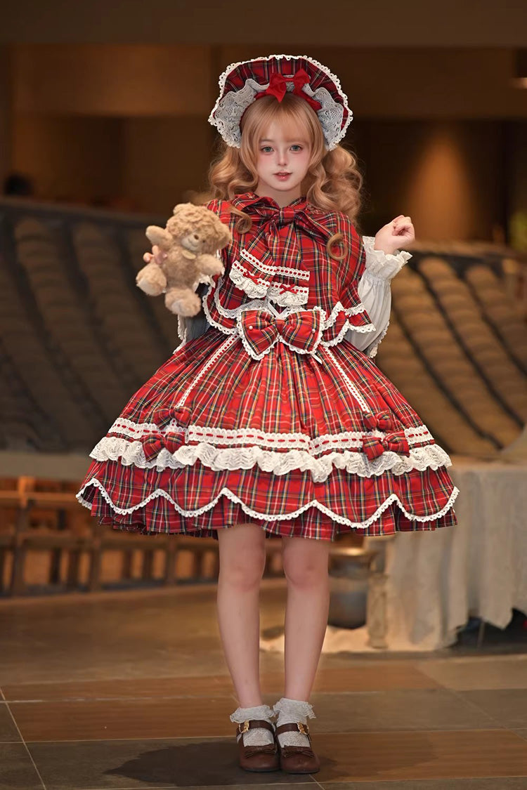 Red [Gingham Petal Bunny] Short Sleeves Printed Ruffled Bow Sweet Lolita OP Dress - Product - 5