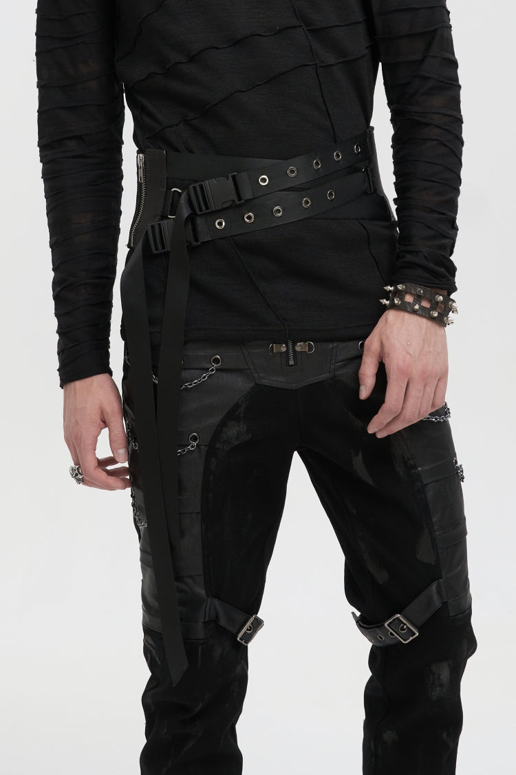 Black Lace-Up Slim Fit Asymmetric Buckled Eyelet Men's Punk Cool Decussate Belt - Product - 8