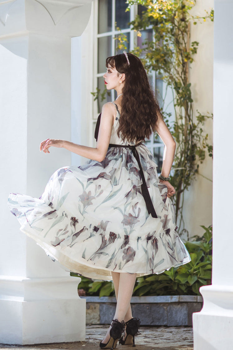 Ivory [Black Lily] V Collar Sleeveless Multi-Layered Printed Ruffled Bow Sweet Lolita Jsk Dress - Product - 5