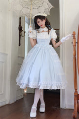 Light Blue Confession Poem Square Collar Short Sleeves Ruffle Sweet Elegant Lolita Dress Set - Product - 3