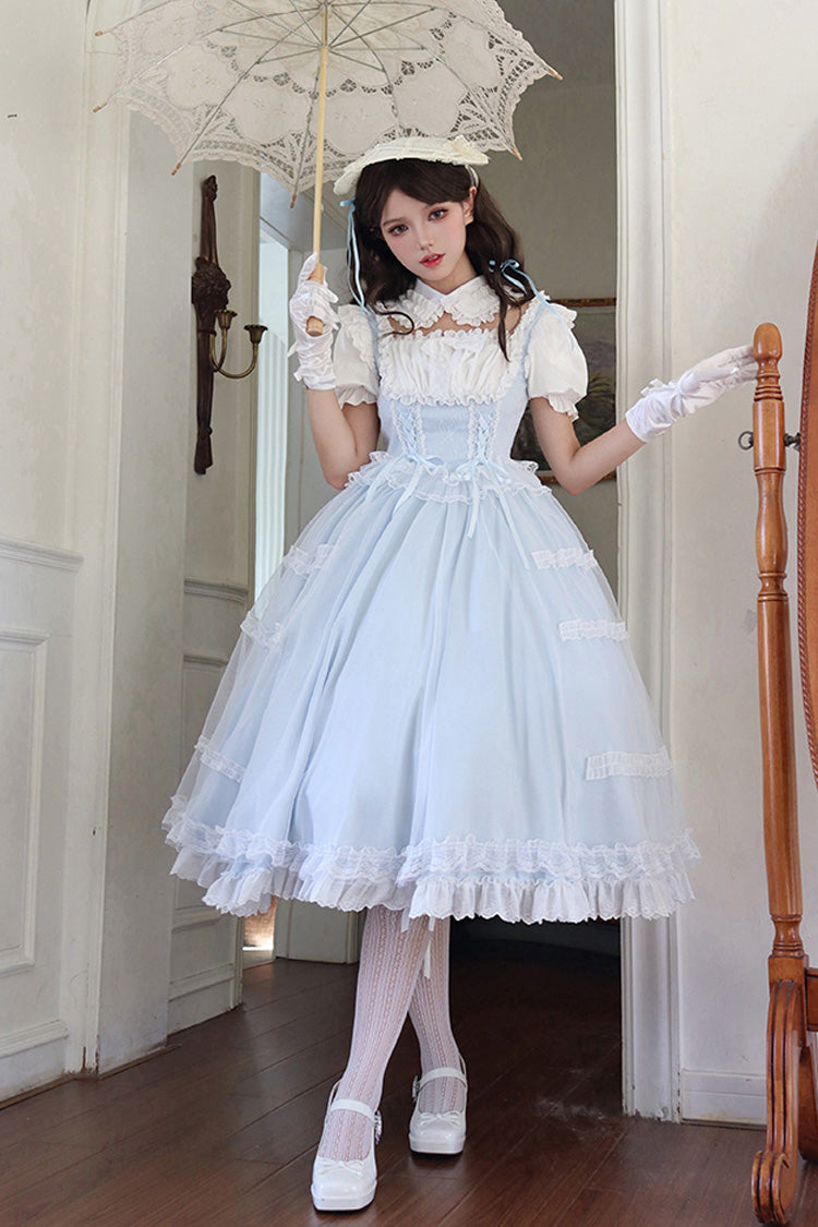 Light Blue Confession Poem Square Collar Short Sleeves Ruffle Sweet Elegant Lolita Dress Set - Product - 3