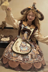 [Bear Cookies] Print Long Sleeves Ruffle Bowknot Sweet Lolita OP Dress 2 Colors - Product - 8
