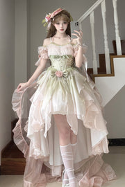 Light Pink and Green Bowknot Irregular Sweet Princess Lolita JSK Dress