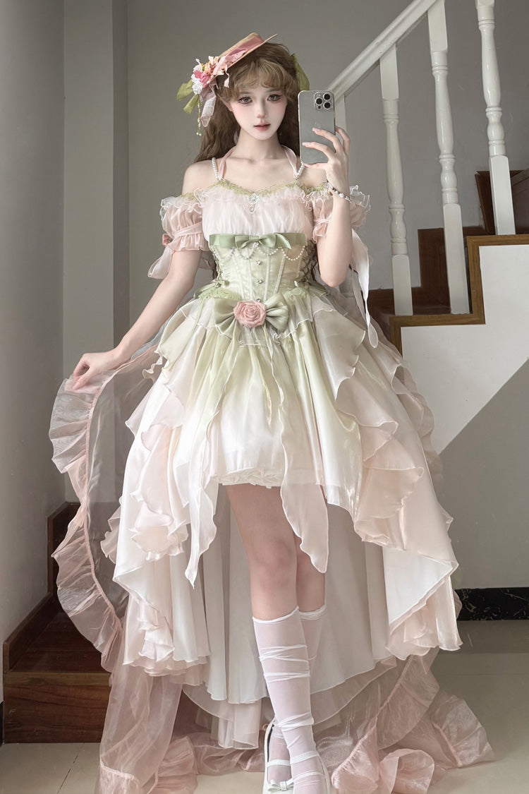 Light Pink and Green Bowknot Irregular Sweet Princess Lolita JSK Dress