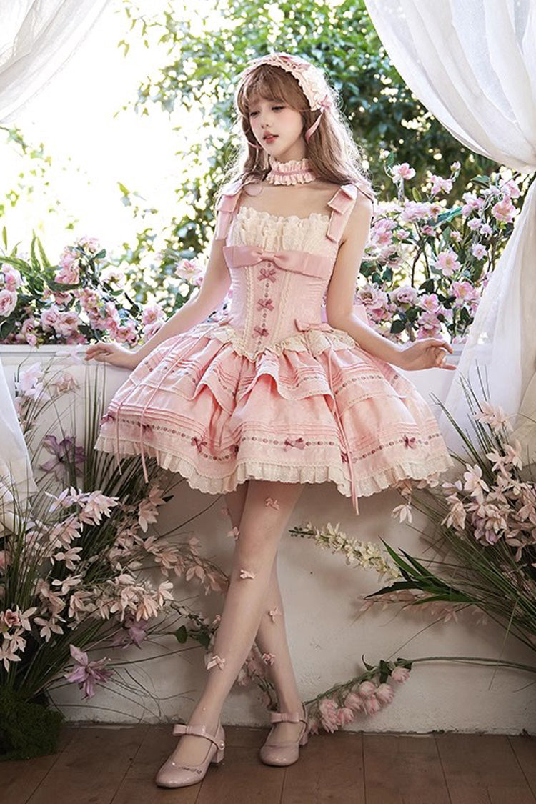 Pink [Rose Theatre] Double-Layered Ruffle Bowknot Lace Sweet Princess Ballet Lolita Jsk Dress - Product - 4