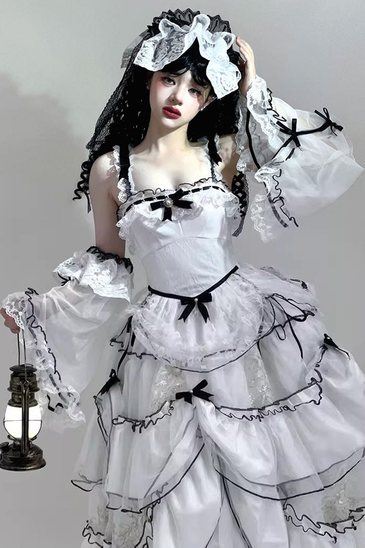 White [Cascade Poem] Sleeveless Multi-Layered Ruffle Hanayome Bowknot Lace Gothic Plus Size Gorgeous Lolita Jsk Long Dress - Product - 4