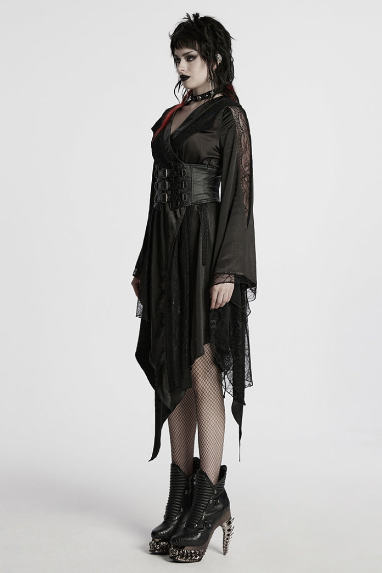 Black Long Sleeves Stitching Lace Irregular Women's Gothic Dress - Product - 2
