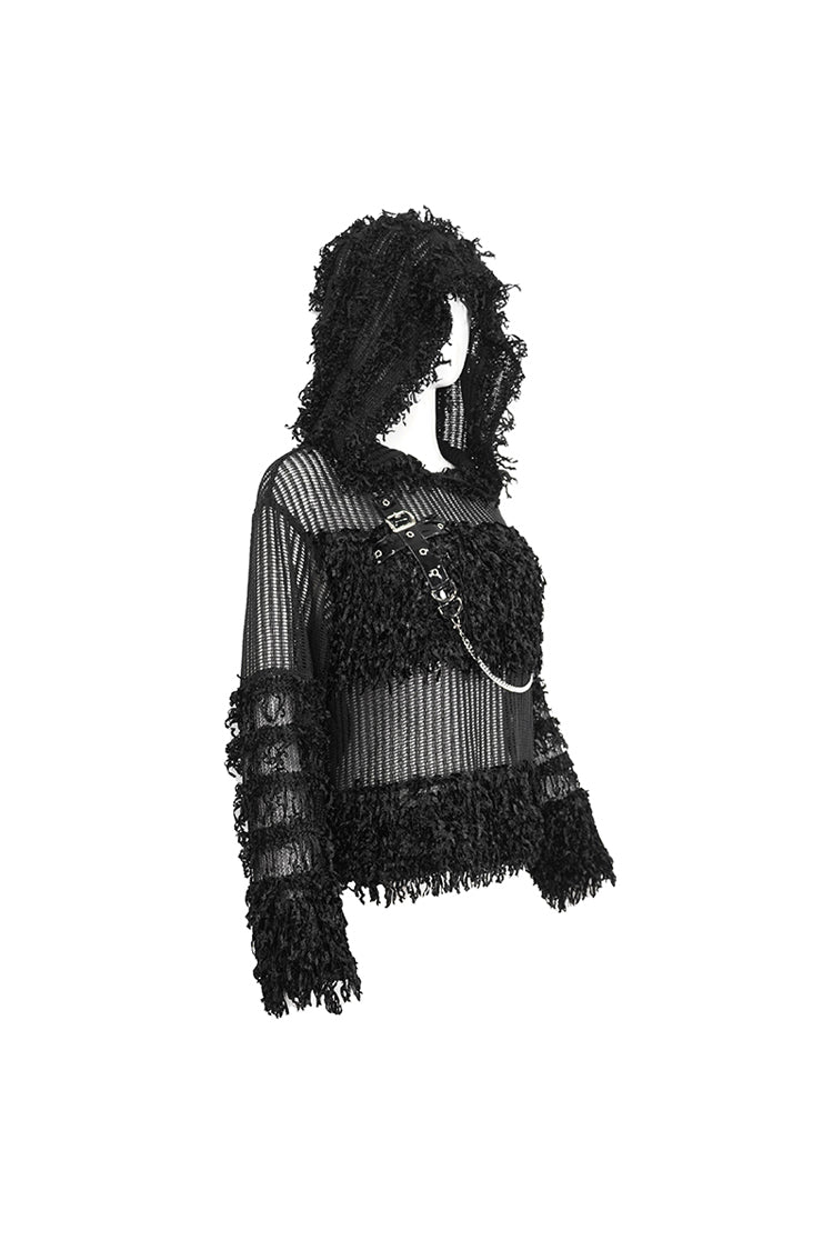 Black Segmented Mesh Matching Chain Women's Punk Hooded Sweater - Product - 8