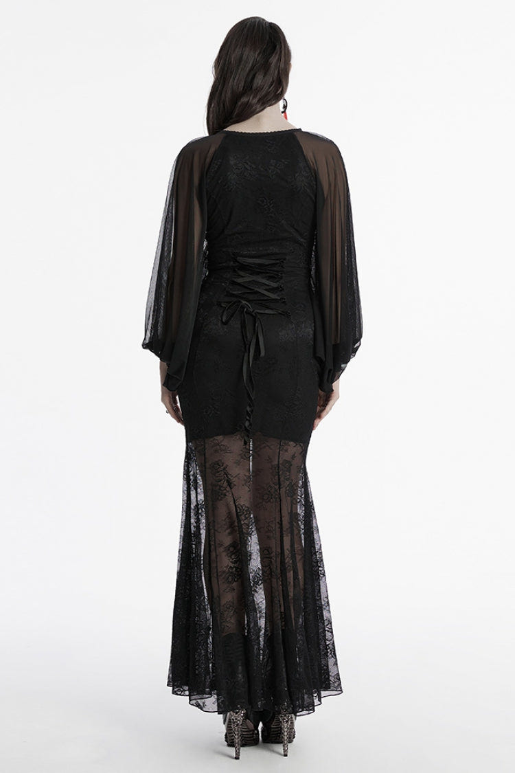 Black Long Plunging Batwing Sleeves Hollow Embroidery Women's Punk Dress - Product - 3