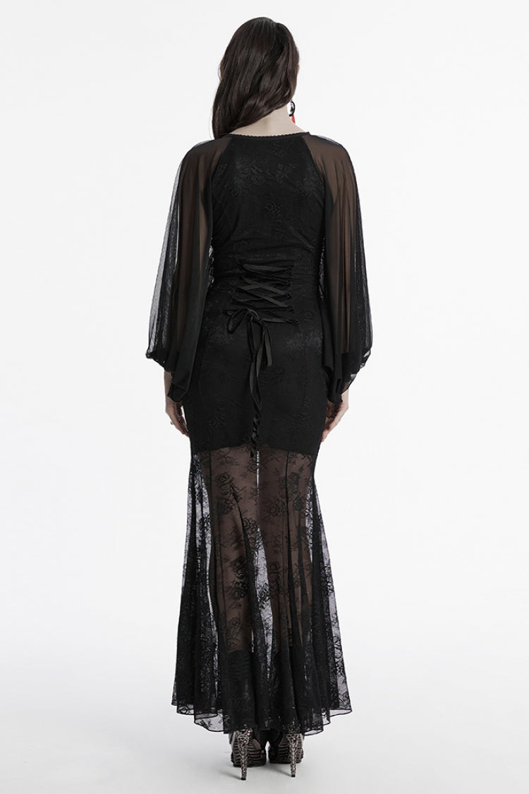 Black Long Plunging Batwing Sleeves Hollow Embroidery Women's Punk Dress - Product - 3