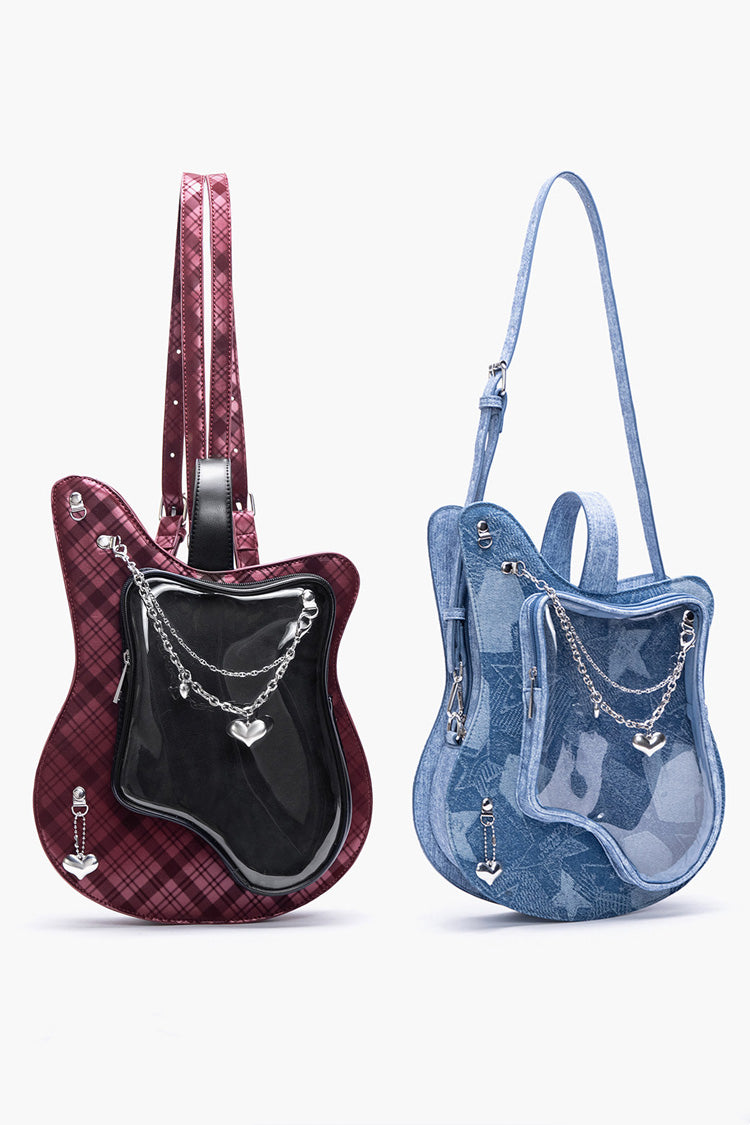 Guitar Heart Printed Chain-Decorated Sweet Lolita Itabag 3 Colors - Black/Red - 1