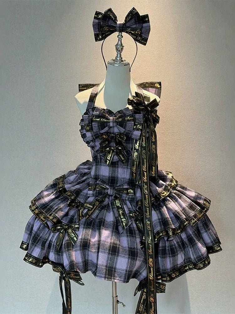 Sweet Purple Halter Bow Plaid Lolita Dress + KC + Brooch + Hair Clip Full Set - view 2
